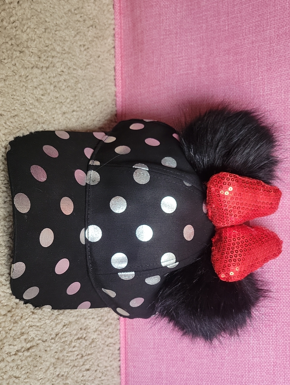 Disney Black Polka Dot Hat with Red Sequin Bow and Faux Fur Pom Poms